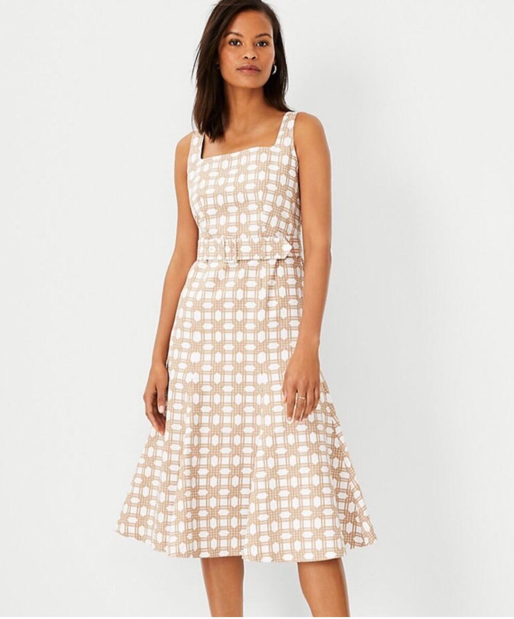 Ann Taylor Rattan Print Belted Fit and Flare Dress Square Neck Sleeveless Midi
